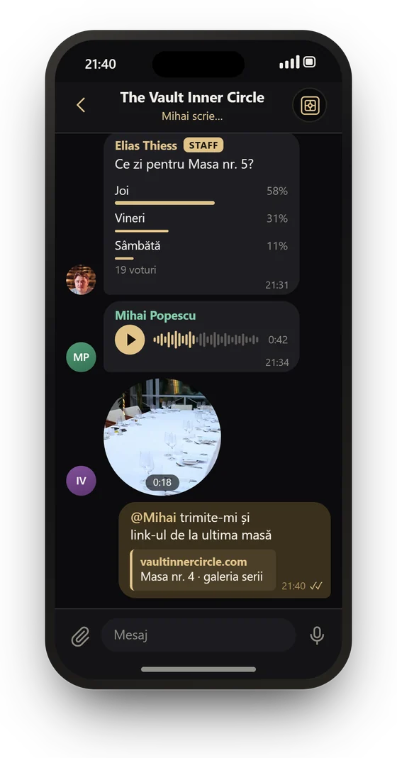 Conversația cercului în aplicație: mesaje, un sondaj, un mesaj vocal și un video
