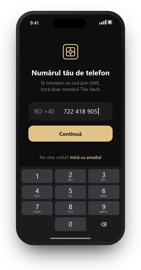Ecranul de intrare din aplicație: numărul de telefon și codul prin SMS
