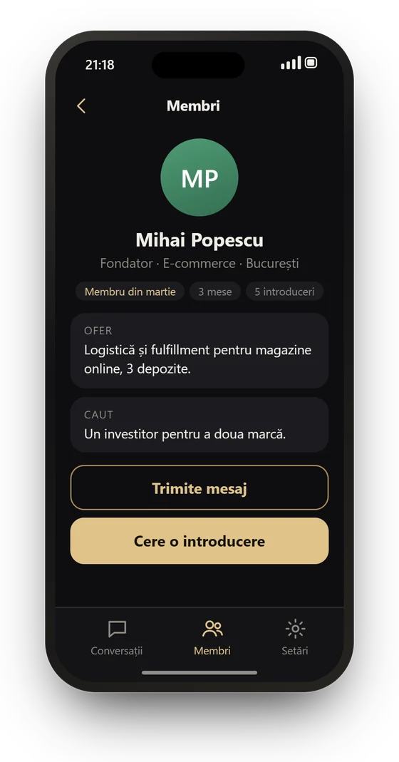 Profilul unui membru în aplicație, cu butonul Cere o introducere